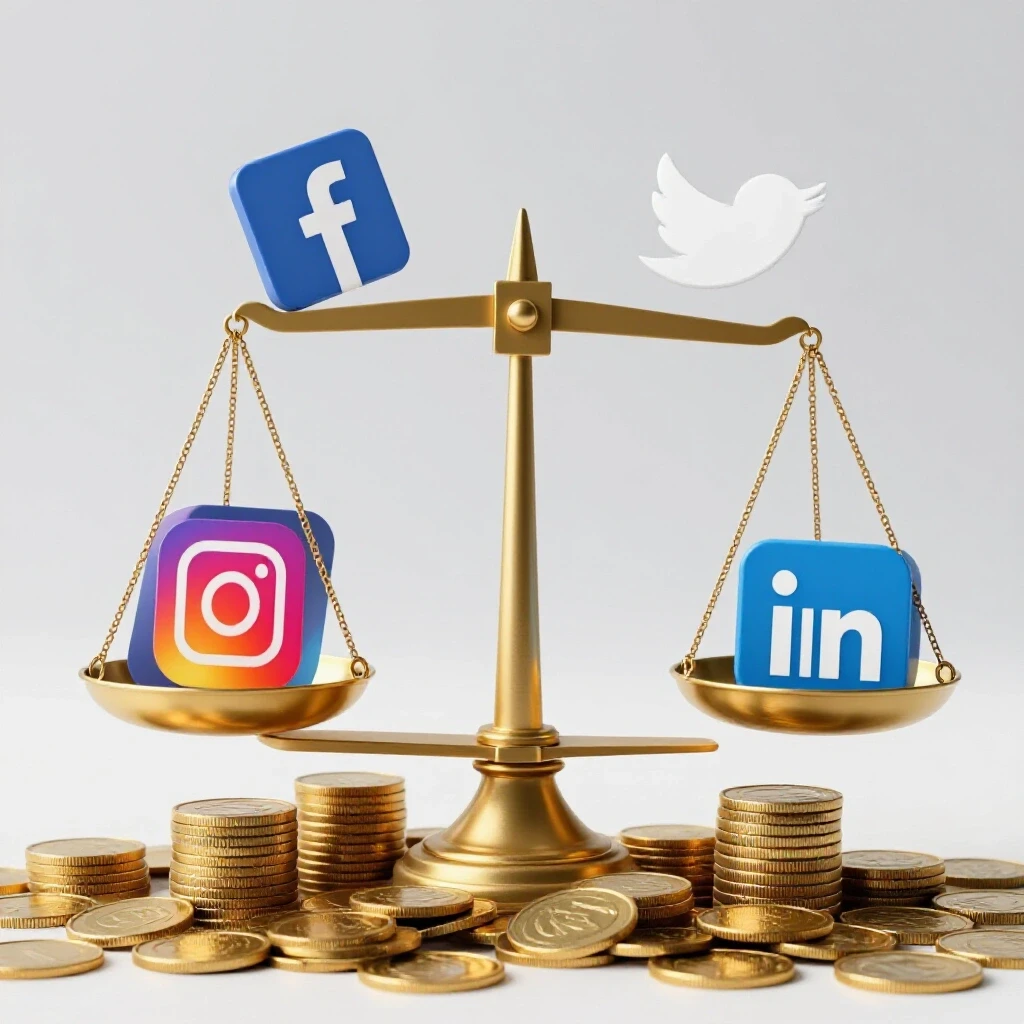 A balance scale with vibrant social media icons on one side and gold coins on the other, symbolizing ROI comparison.