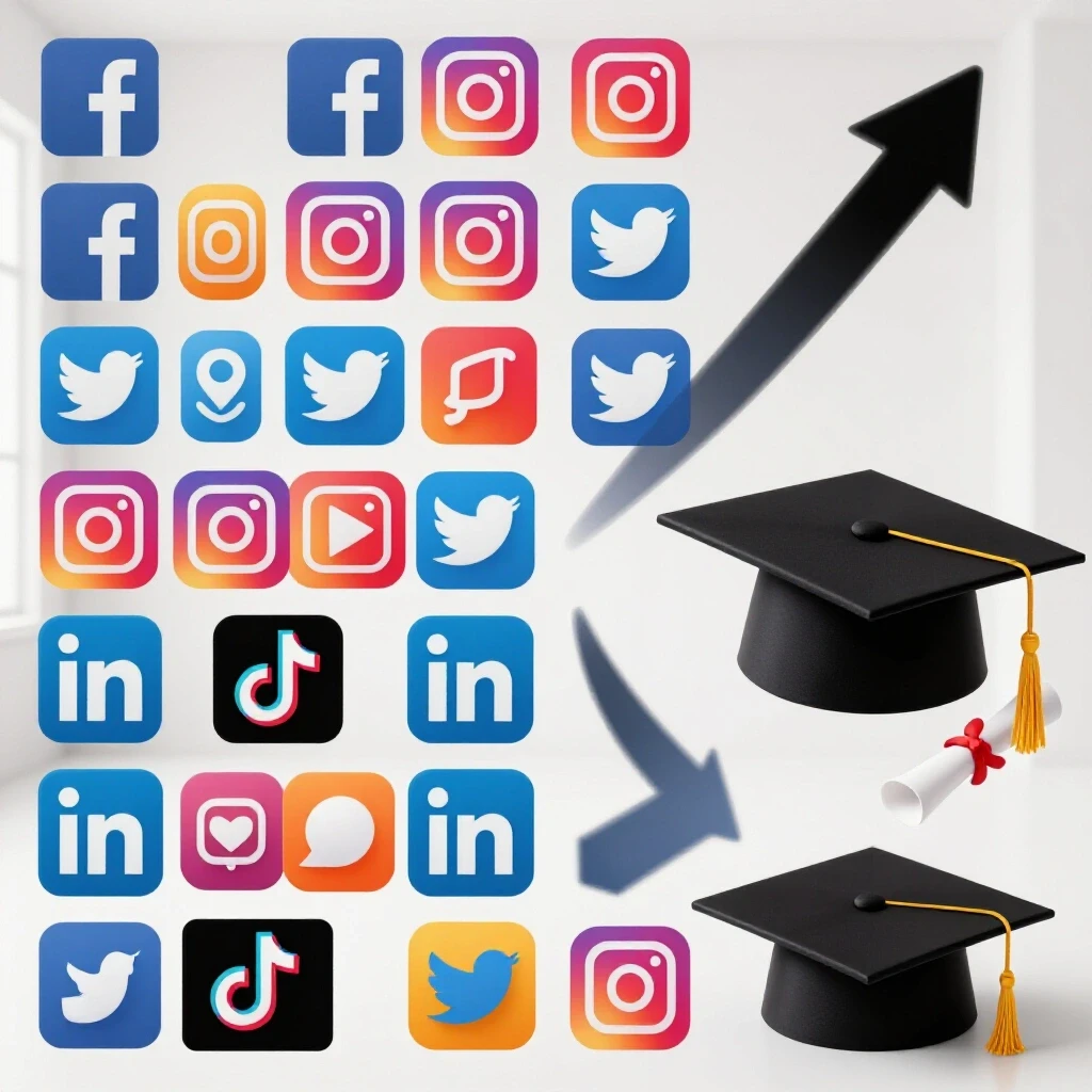 A split-screen design showing vibrant social media icons and a graduation cap with a diploma, symbolizing enrollment growth.
