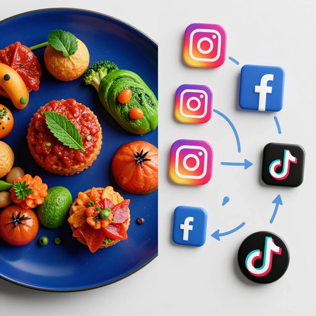 A vibrant food plate on one side contrasts with social media icons on the other, showing food brand growth dynamics.