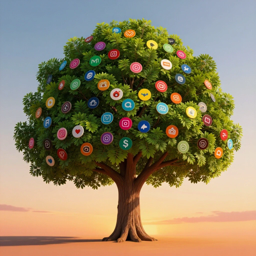 A vibrant tree with leaves in various social media platform colors against a sunset background, symbolizing brand growth.