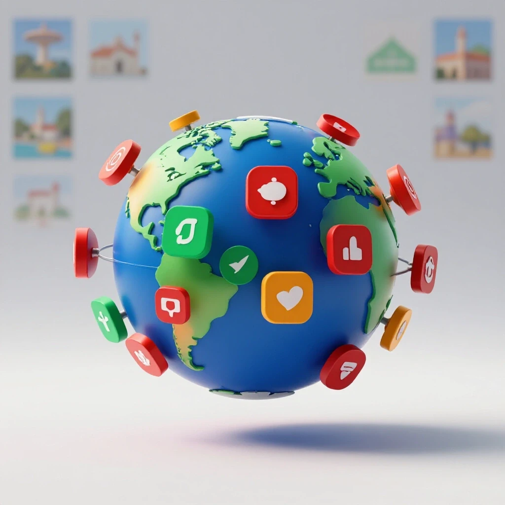 A vibrant globe surrounded by social media icons, representing growth in travel brands against a blurred travel destination background.