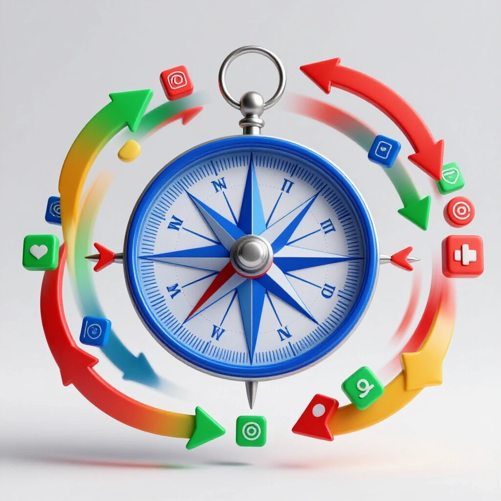 A vibrant compass surrounded by social media icons and colorful arrows, symbolizing platform exploration.