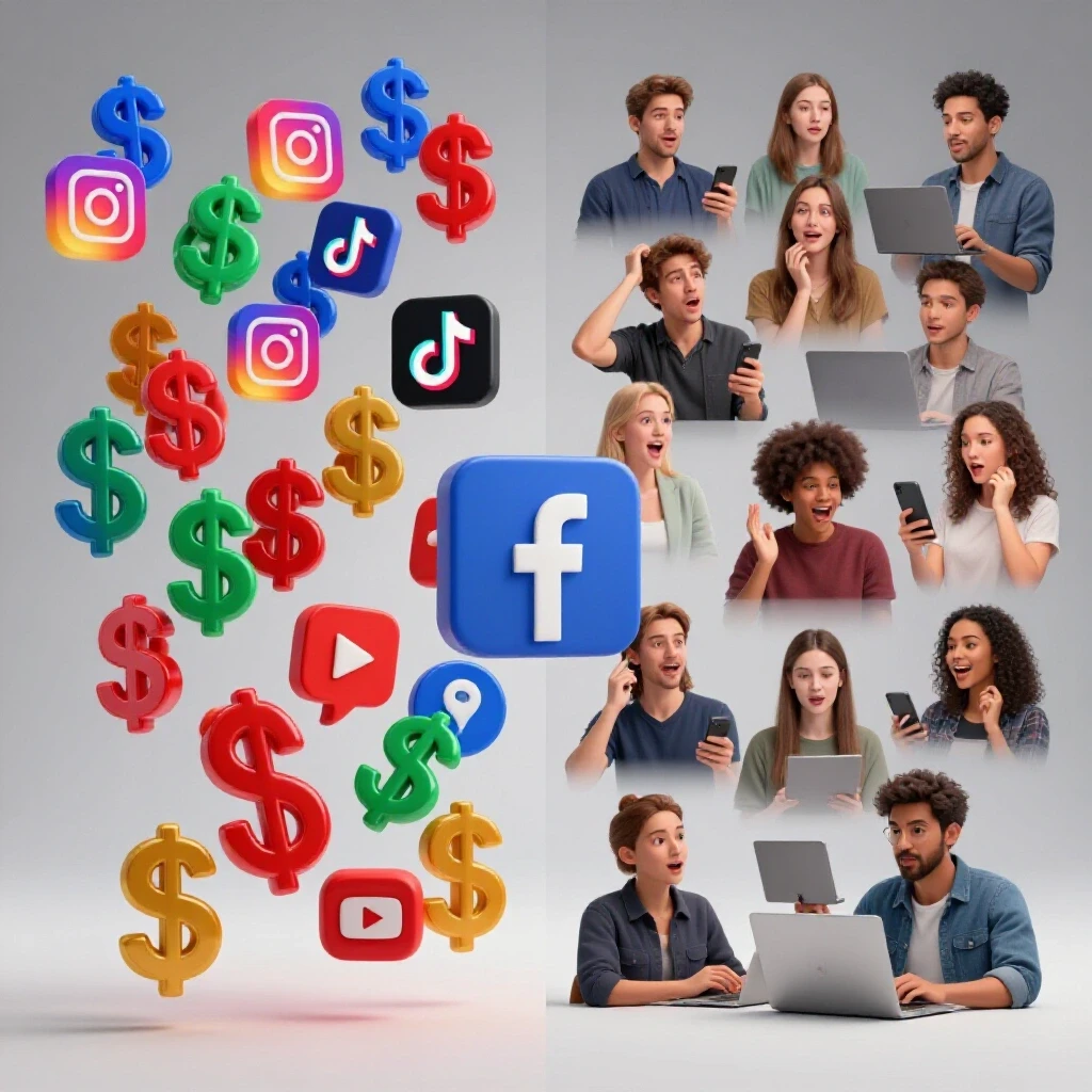 Split image showing dollar signs from social media icons on one side, creators excitedly engaging on the other side.
