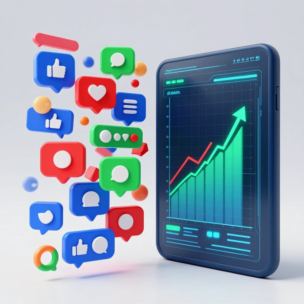 Split-screen visual of engaging social media elements and a sleek AI interface with an upward trend graph.