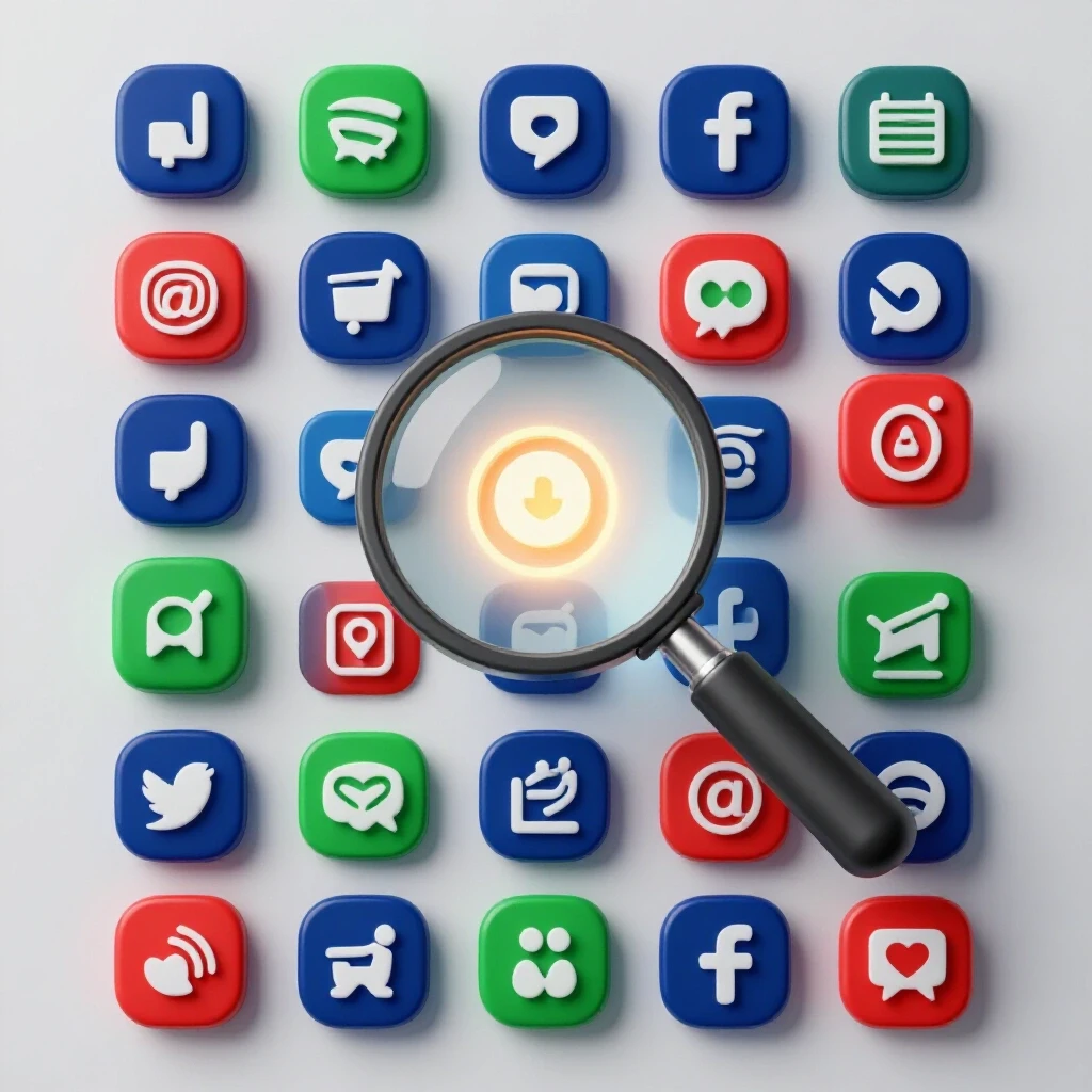A visual comparison of various social media icons with one highlighted and under scrutiny by a magnifying glass.