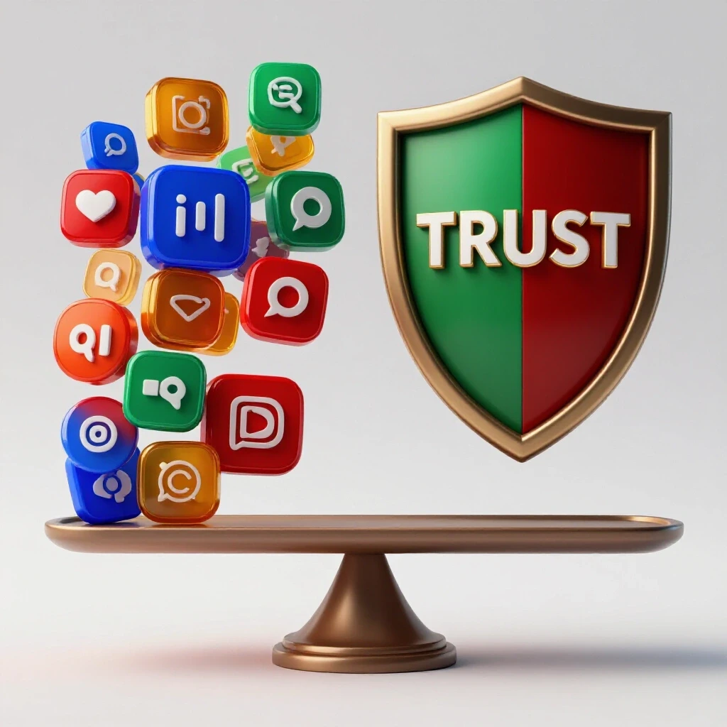A conceptual image of a balancing scale with social media icons against a shield symbolizing trust.