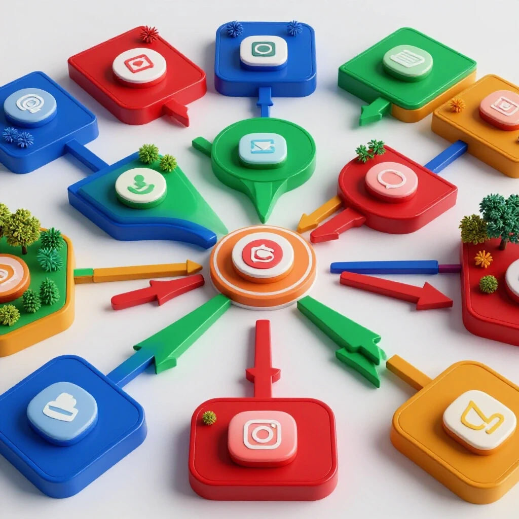 A vibrant digital landscape depicting various social media platforms with arrows leading to a central target, symbolizing direct response.