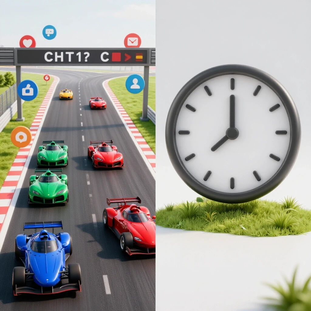 A split-screen image showing racing social media icons as cars and a calm landscape with a clock, symbolizing growth versus urgency.