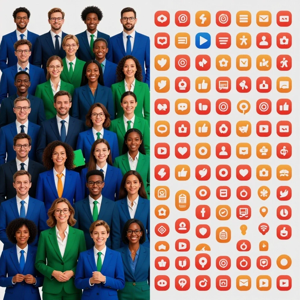 A visually engaging split-screen image depicting professionals alongside social media icons, illustrating recruitment dynamics.