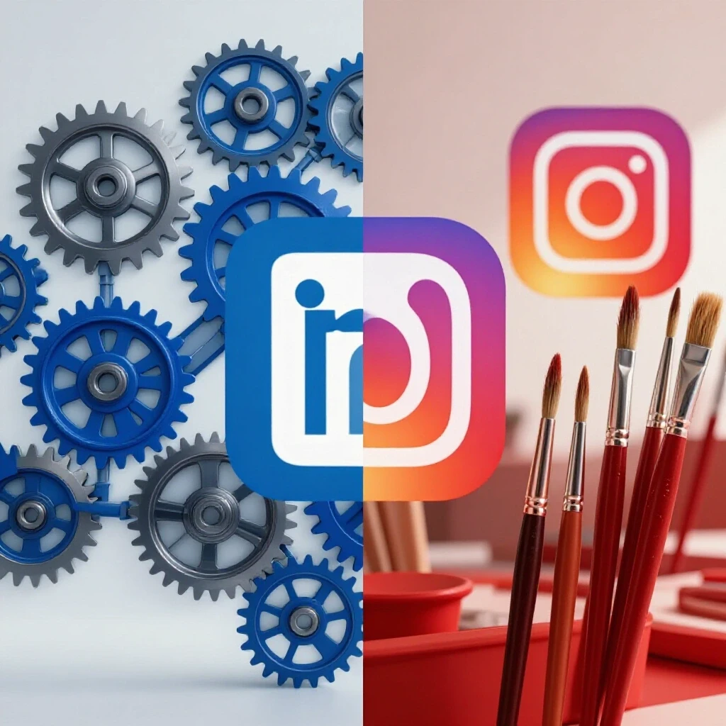 A split-screen image showing LinkedIn's professional networking with gears and Instagram's creative space with paintbrushes for B2B brands comparison.