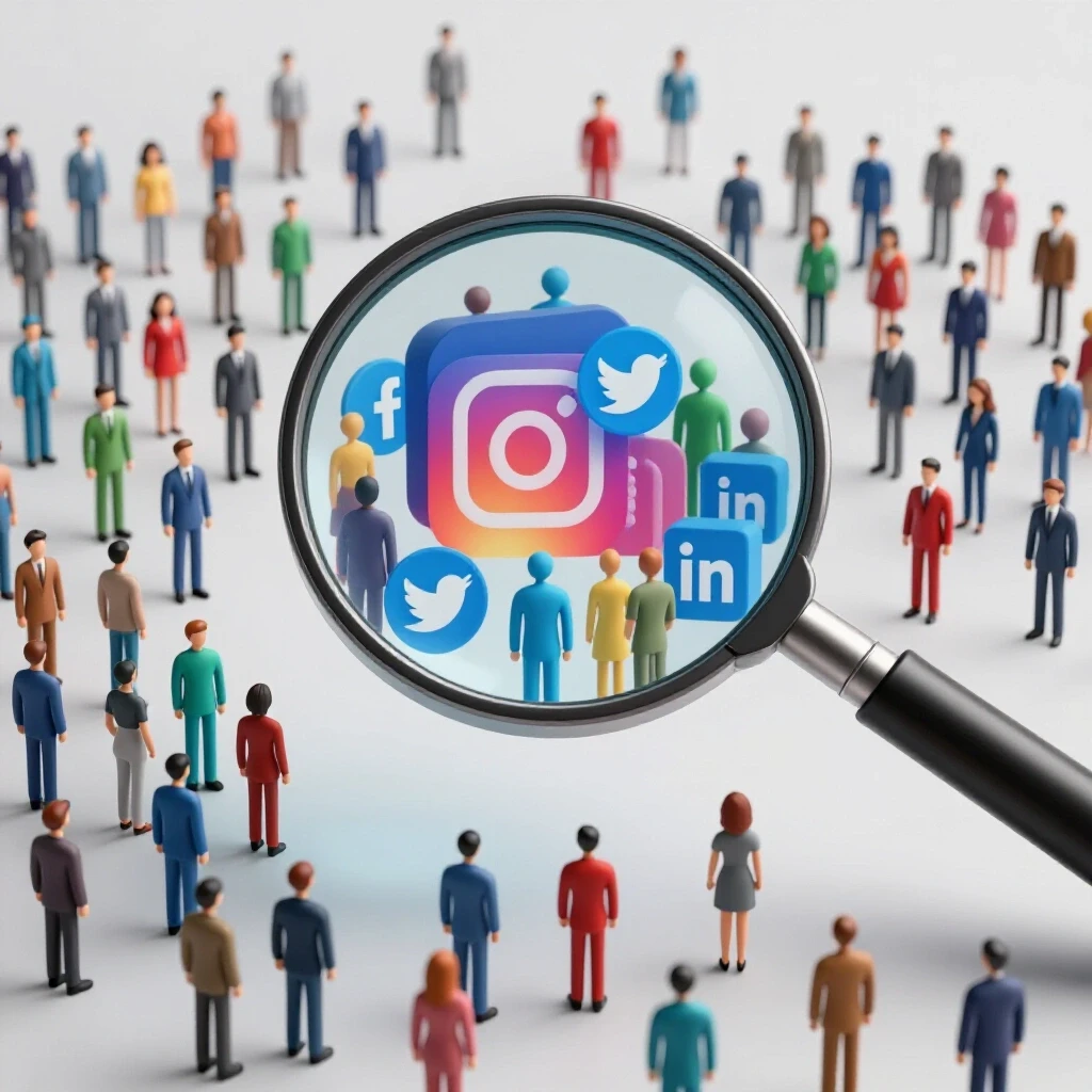 A giant magnifying glass over small social media figures focusing on a niche audience, showcasing vibrant colors.