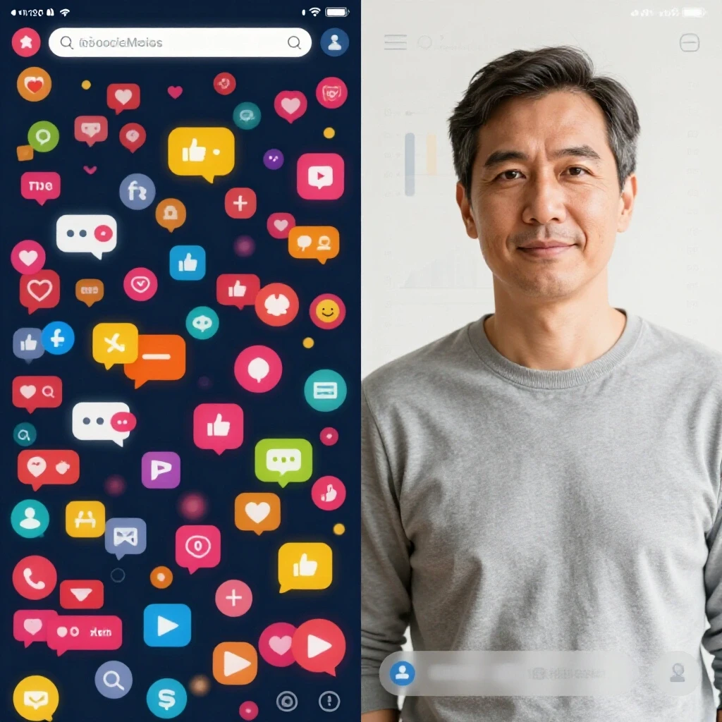 A split image showing a vibrant social media platform on one side and a calm, mature account interface on the other, symbolizing social media evolution.