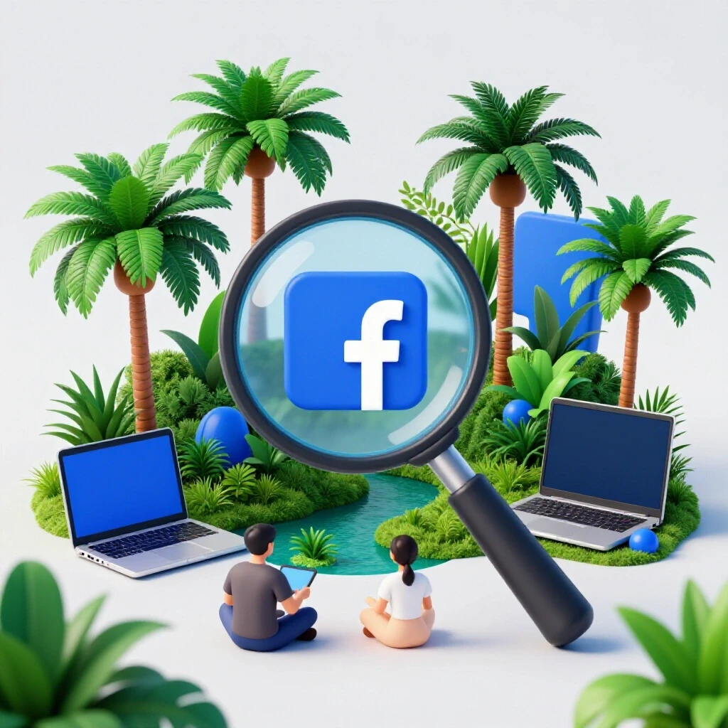A vibrant tropical landscape in the Philippines highlighting a magnifying glass over digital devices, symbolizing exploration of Facebook ads.