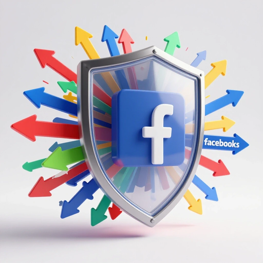 A transparent shield representing Adblock Plus is being pushed aside by colorful arrows symbolizing Facebook ads, showcasing a contrast between protection and advertising.