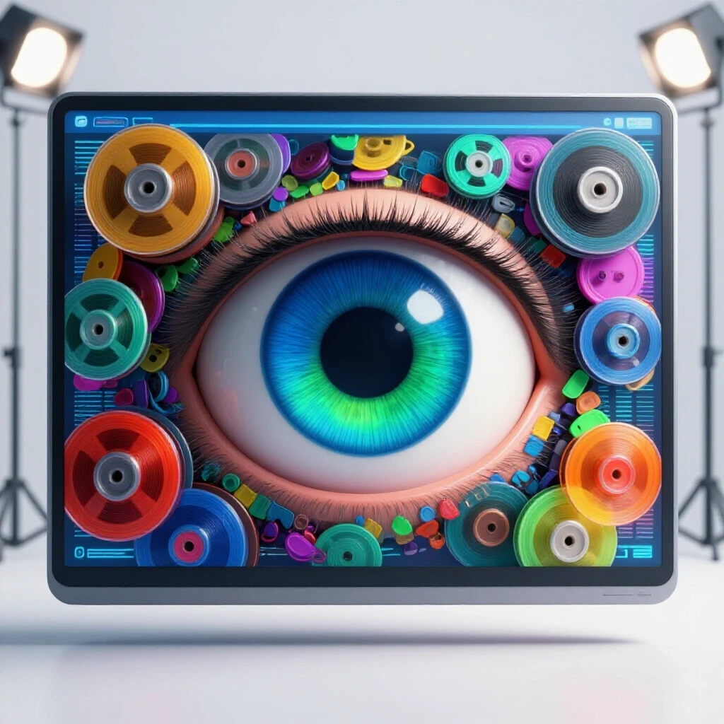 A large eye gazing through a digital screen, surrounded by fragmented colorful reels symbolizing hidden ads.