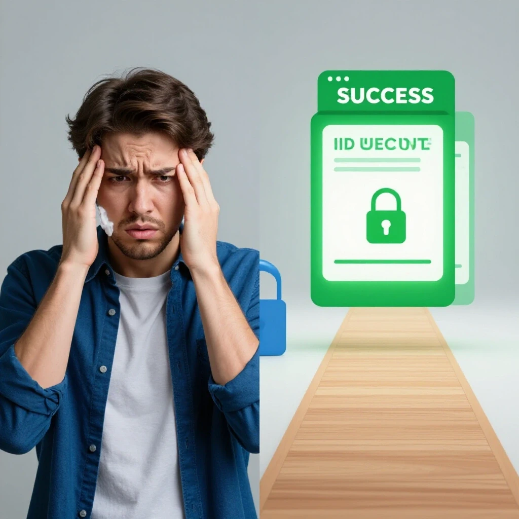 A split-image showing frustration with ID upload on one side and a successful upload pathway with a digital lock on the other.