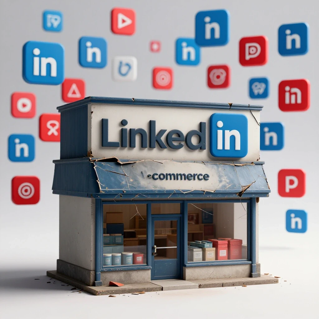 A crumbling e-commerce storefront overshadowed by a vibrant LinkedIn interface filled with social media icons.