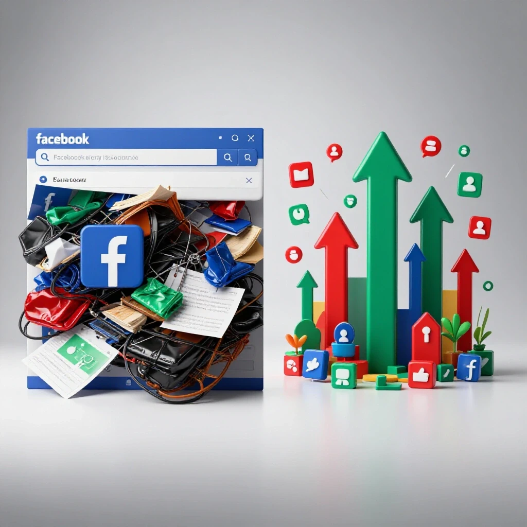 A split image illustrating Facebook ad failure on the left and successful ad strategies on the right, showcasing vibrant upward growth.