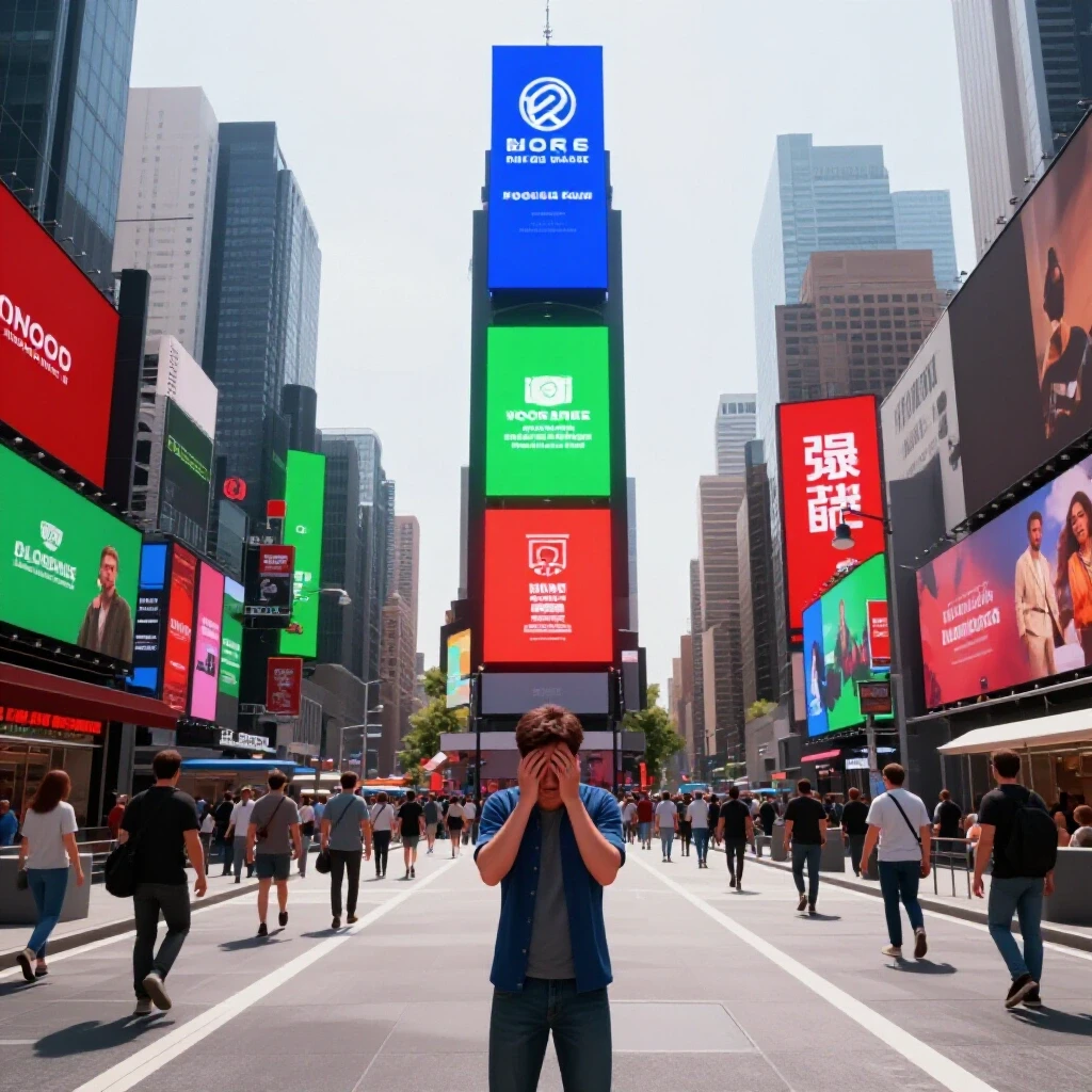 An overwhelmed individual stands on a busy urban street filled with bright billboards and digital ads.