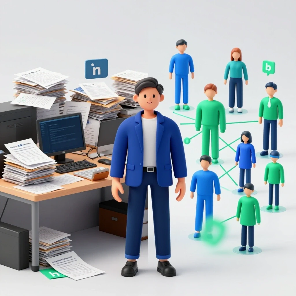 A split scene showing outdated LinkedIn outreach tools on one side and a vibrant digital network on the other, symbolizing transformation.