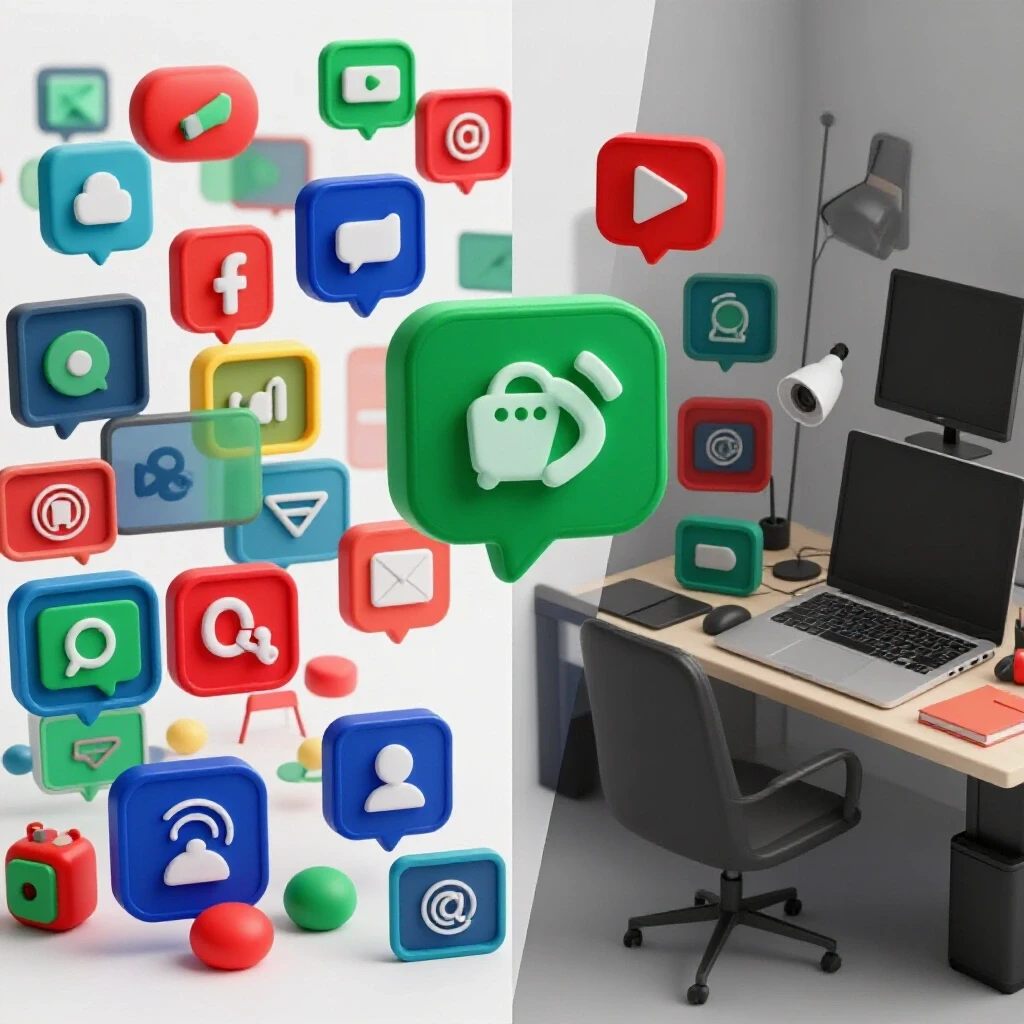A striking visual contrasting a vibrant social media landscape with effective content against a cluttered workspace with outdated tools.