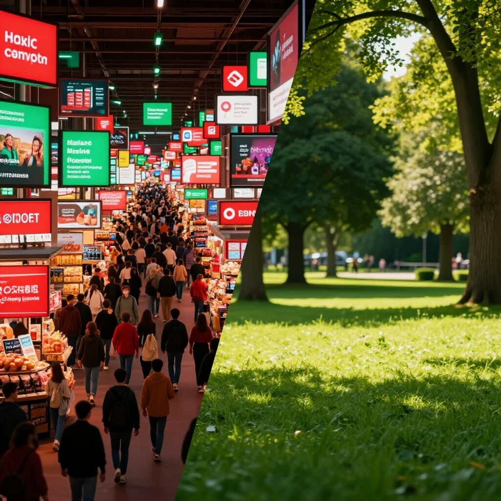 Split-image showing a vibrant digital ad marketplace contrasted with a serene park ecosystem, symbolizing ad volume vs organic content.