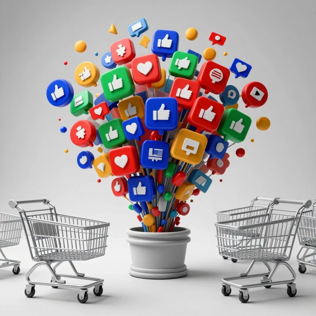 A split composition showing vibrant social media icons on one side and empty shopping carts on the other, illustrating viral vs conversion.