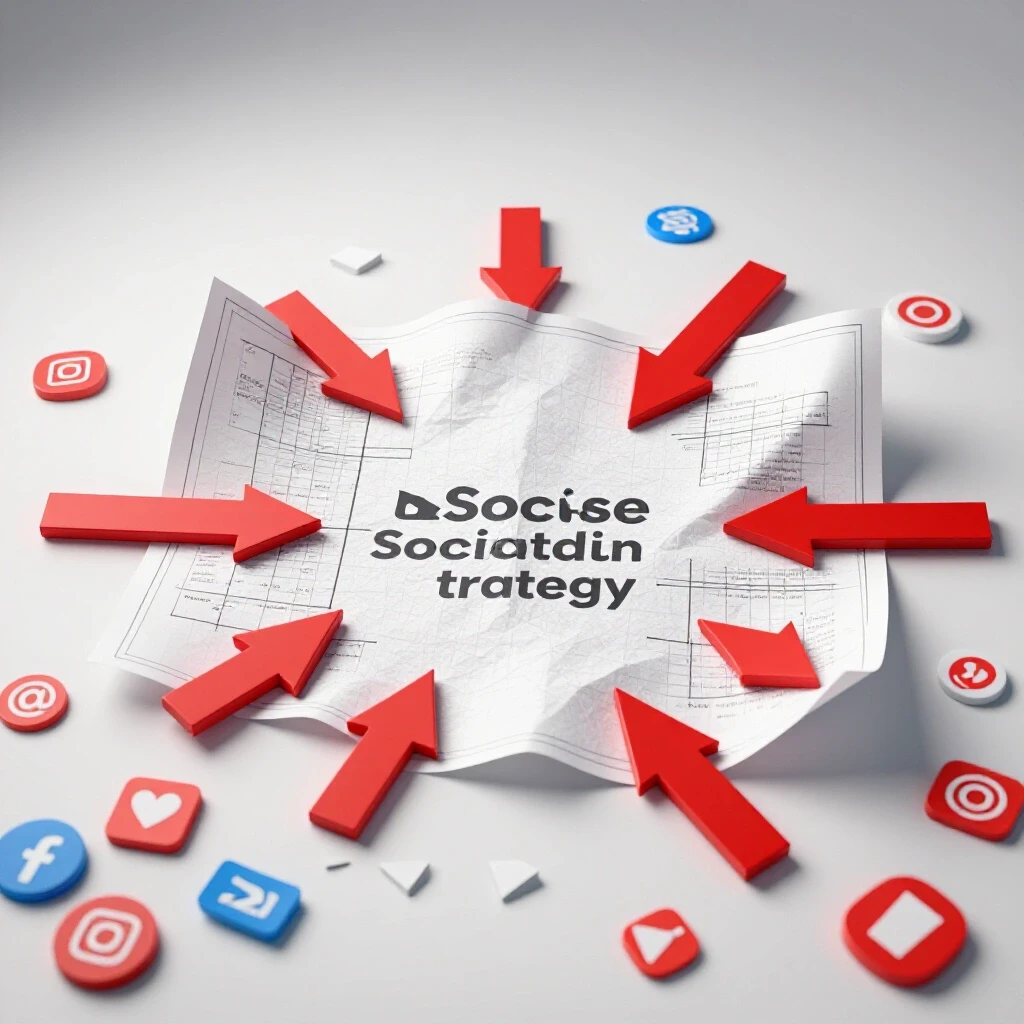 A crumpled social media strategy blueprint with red arrows pointing away and social media icons scattered around.