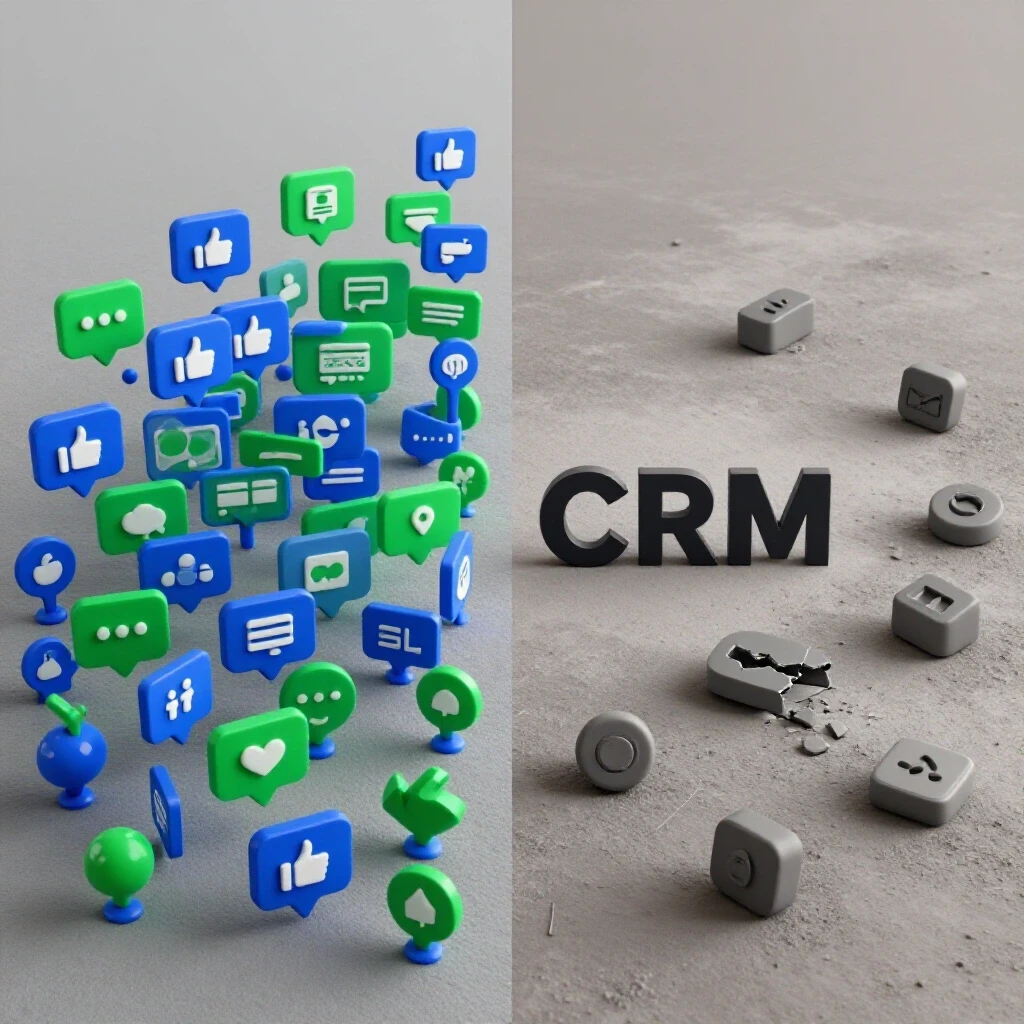 A split-image showing a vibrant social media landscape contrasted with a barren digital space representing failed CRM tools.
