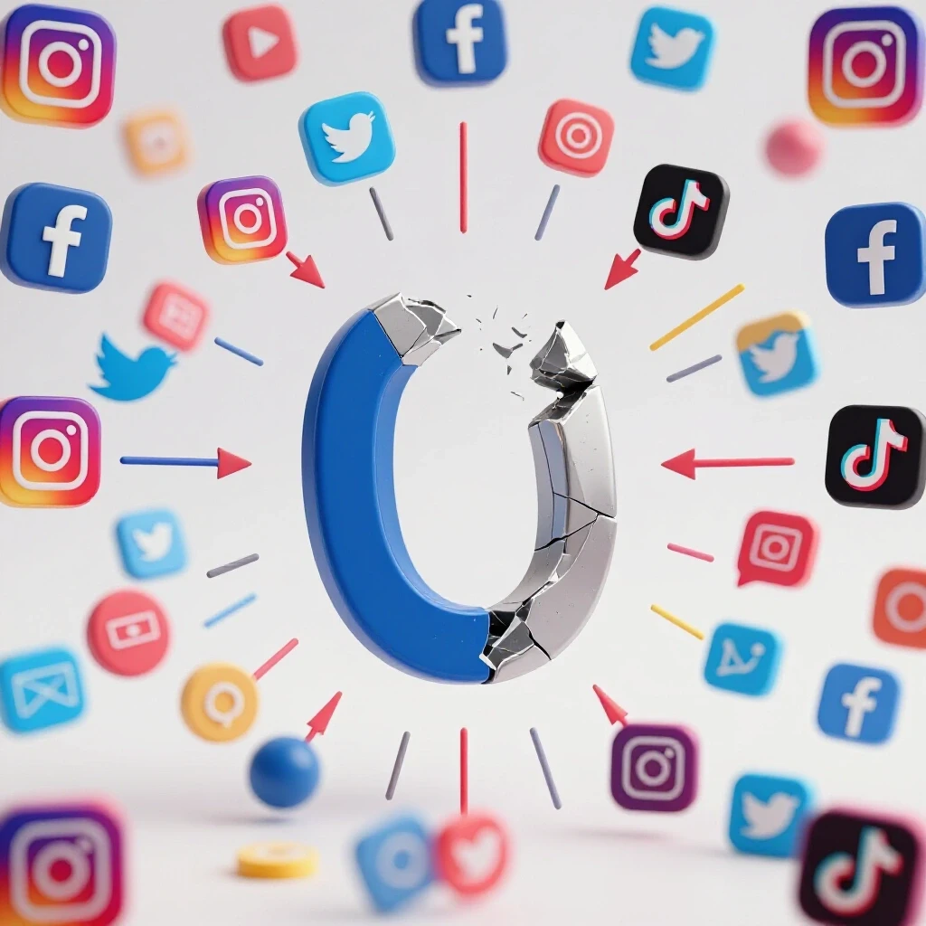 A broken magnet surrounded by colorful social media icons, symbolizing a disconnect in lead attraction.