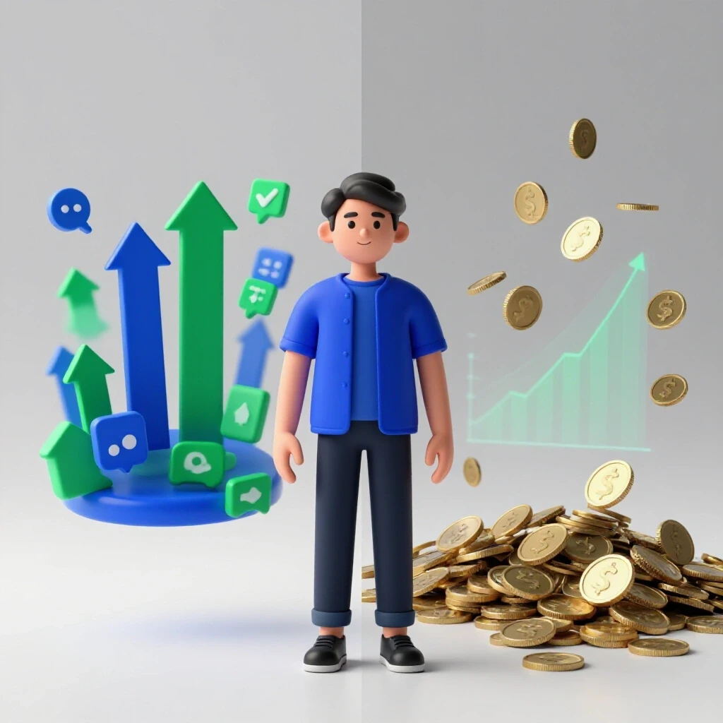 A split-screen image contrasting a vibrant social media ad with engagement symbols on one side and a cluttered scene of falling coins on the other representing wasted resources.