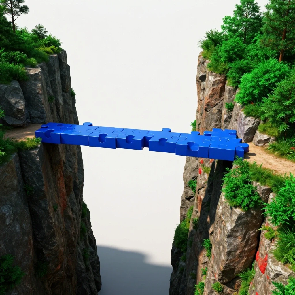 A vibrant and shadowed cliff connected by a puzzle piece bridge, symbolizing trust and skepticism in client relationships.