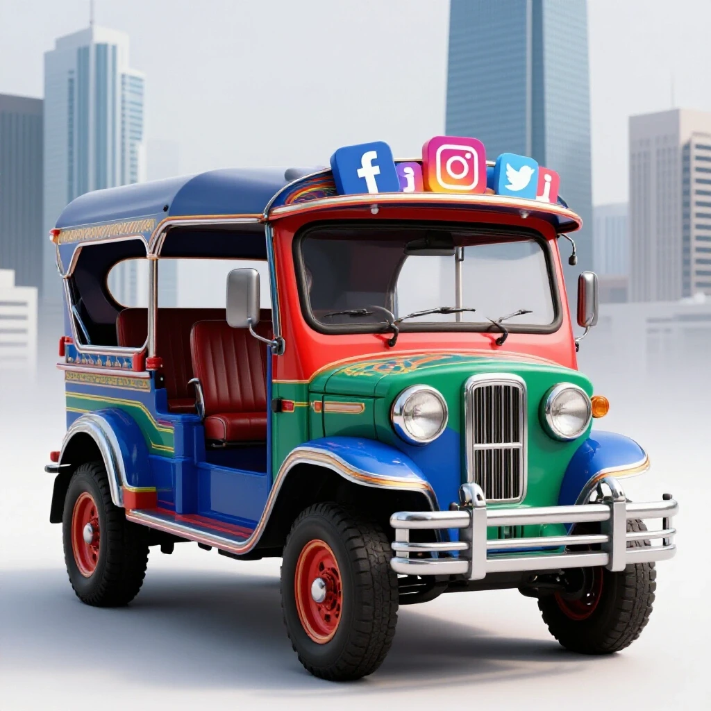 A vibrant Filipino jeepney filled with colorful social media icons, set against modern skyscrapers, symbolizing digital marketing fusion.