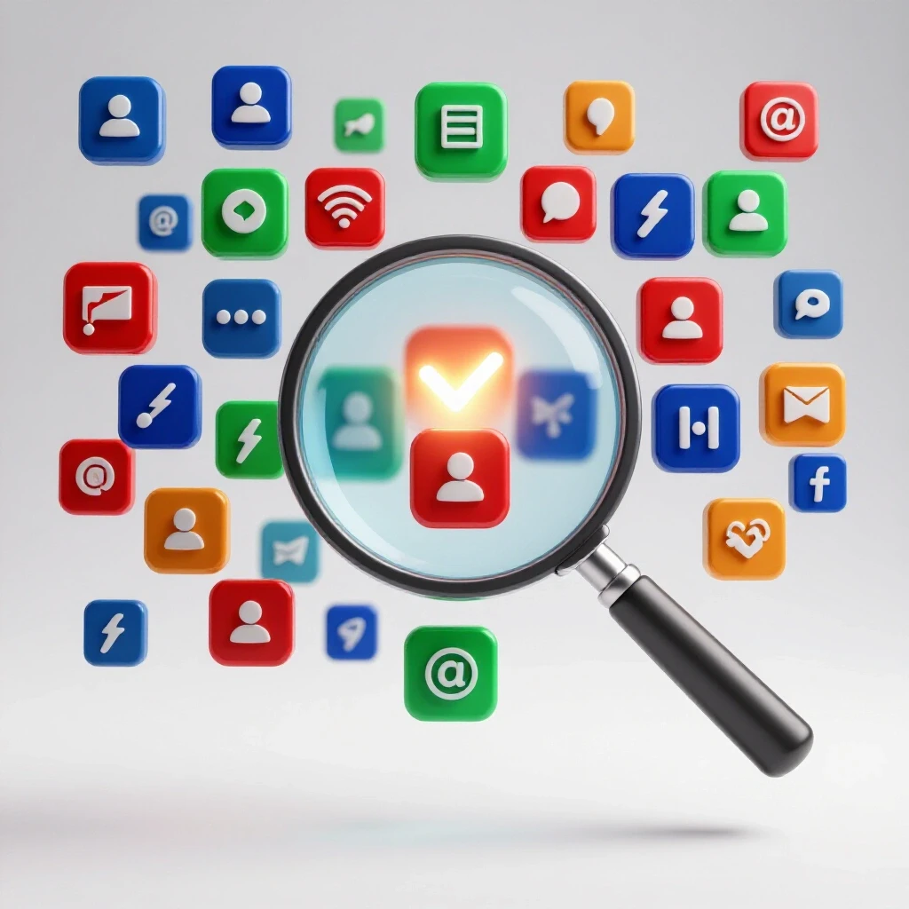 A magnifying glass examining a colorful array of glowing social media icons, symbolizing successful offers.