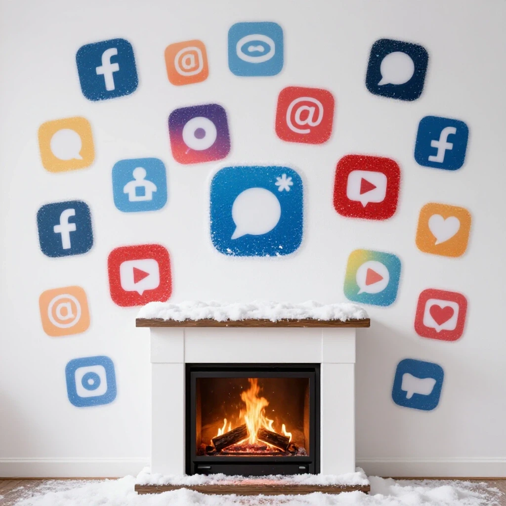 Cozy winter scene with a fireplace surrounded by vibrant snow-made social media icons and soft falling snowflakes.