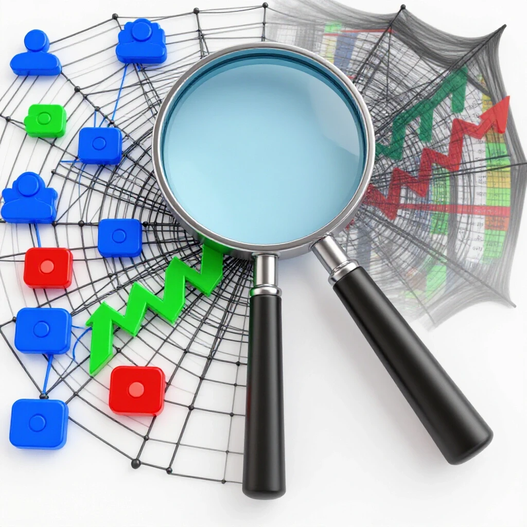 A magnifying glass focusing on vibrant social media icons against a tangled web of metrics.
