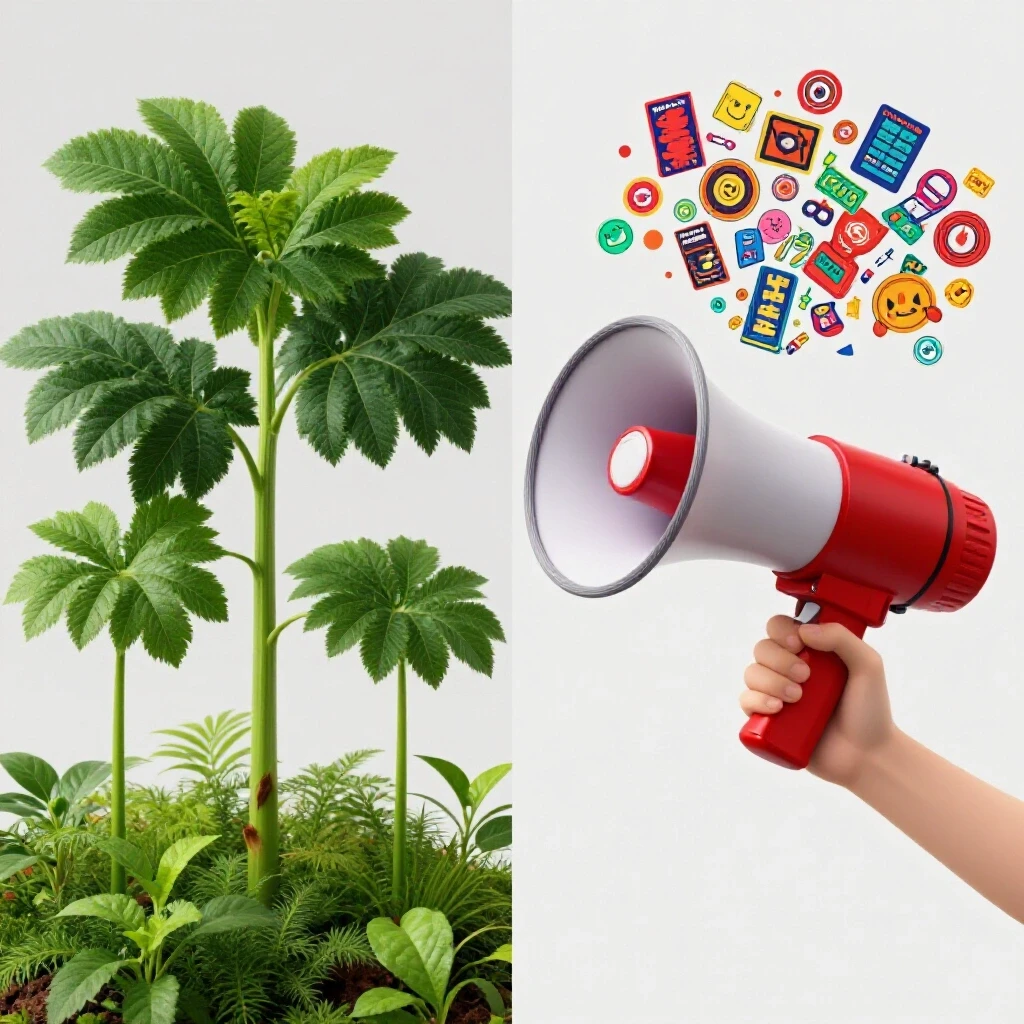 A visually striking split-image featuring vibrant plants representing organic growth on one side and a colorful megaphone symbolizing ads on the other, against a luminous background.
