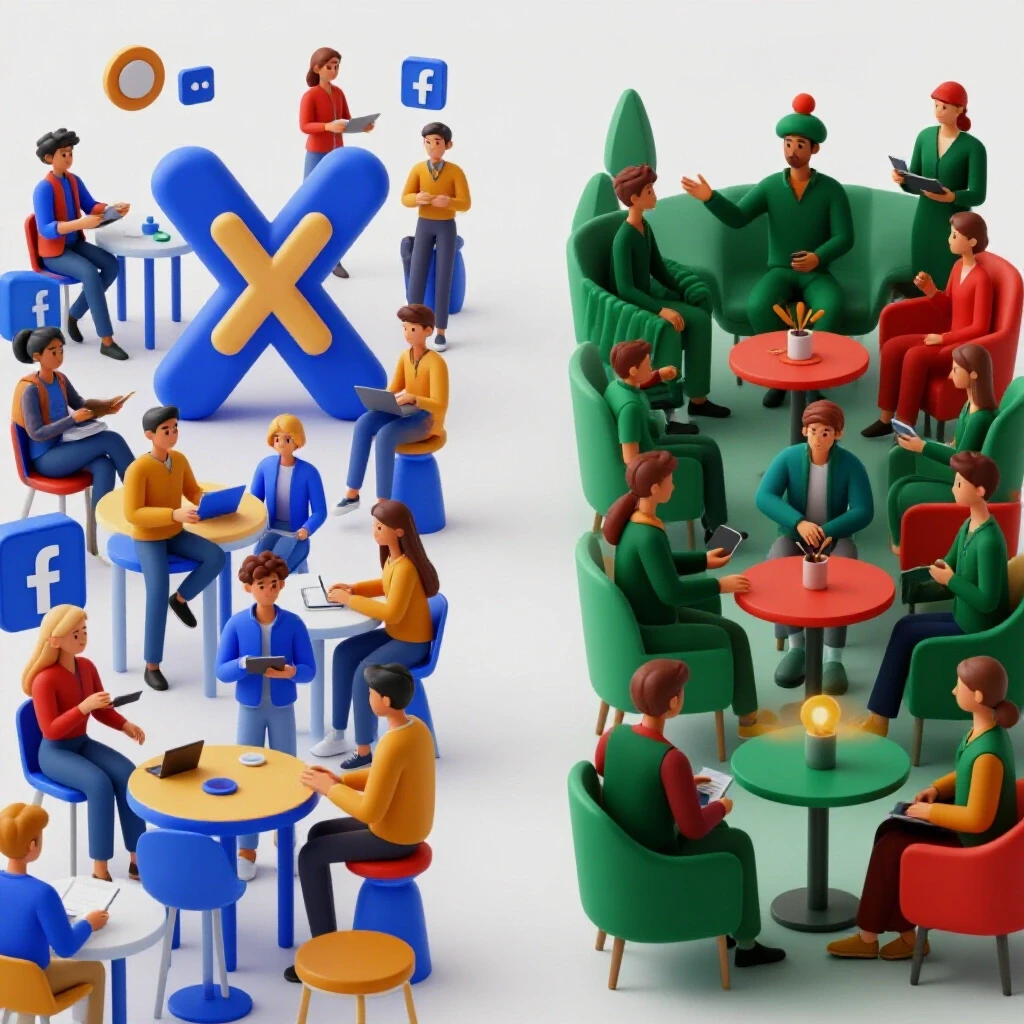 A vibrant split image comparing community settings on X and Facebook, showcasing lively engagement and cozy interactions.