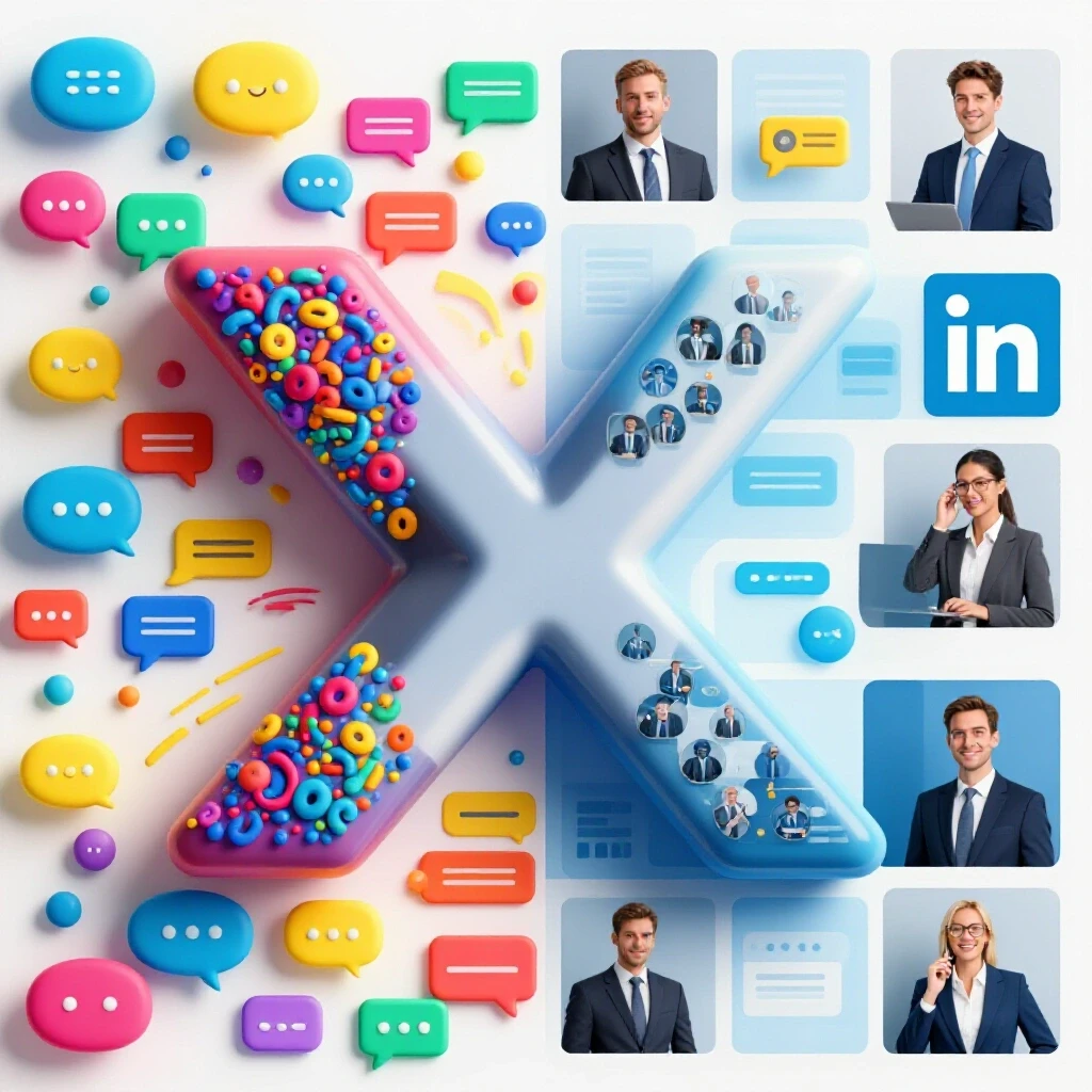 A vibrant split image comparing X's dynamic social media atmosphere with LinkedIn's professional networking visuals.