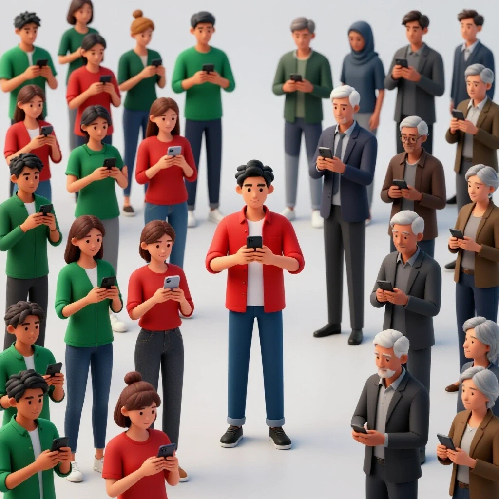 A vibrant split image contrasting a youthful crowd engaging with social media versus an older demographic observing from a distance.