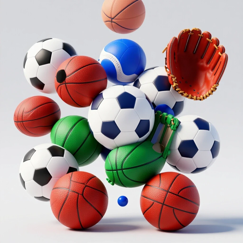 A vibrant collage of youth sports equipment including soccer balls, basketballs, and baseball gloves on a bright background.