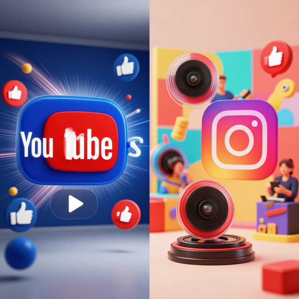 A split-screen image comparing YouTube Shorts and Instagram Reels, showcasing vibrant logos with dynamic visuals.