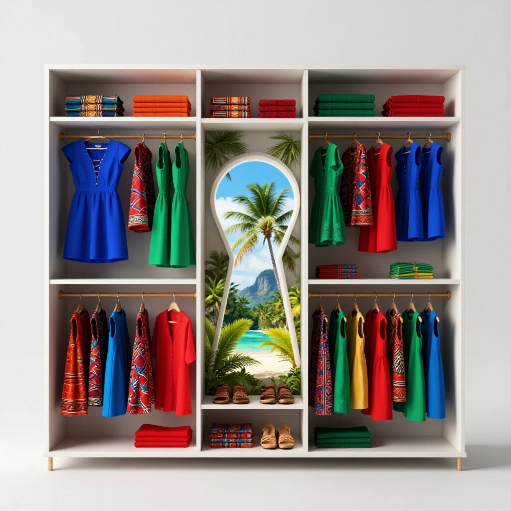 A vibrant wardrobe showcasing colorful clothing items with a keyhole revealing a tropical Philippine landscape.
