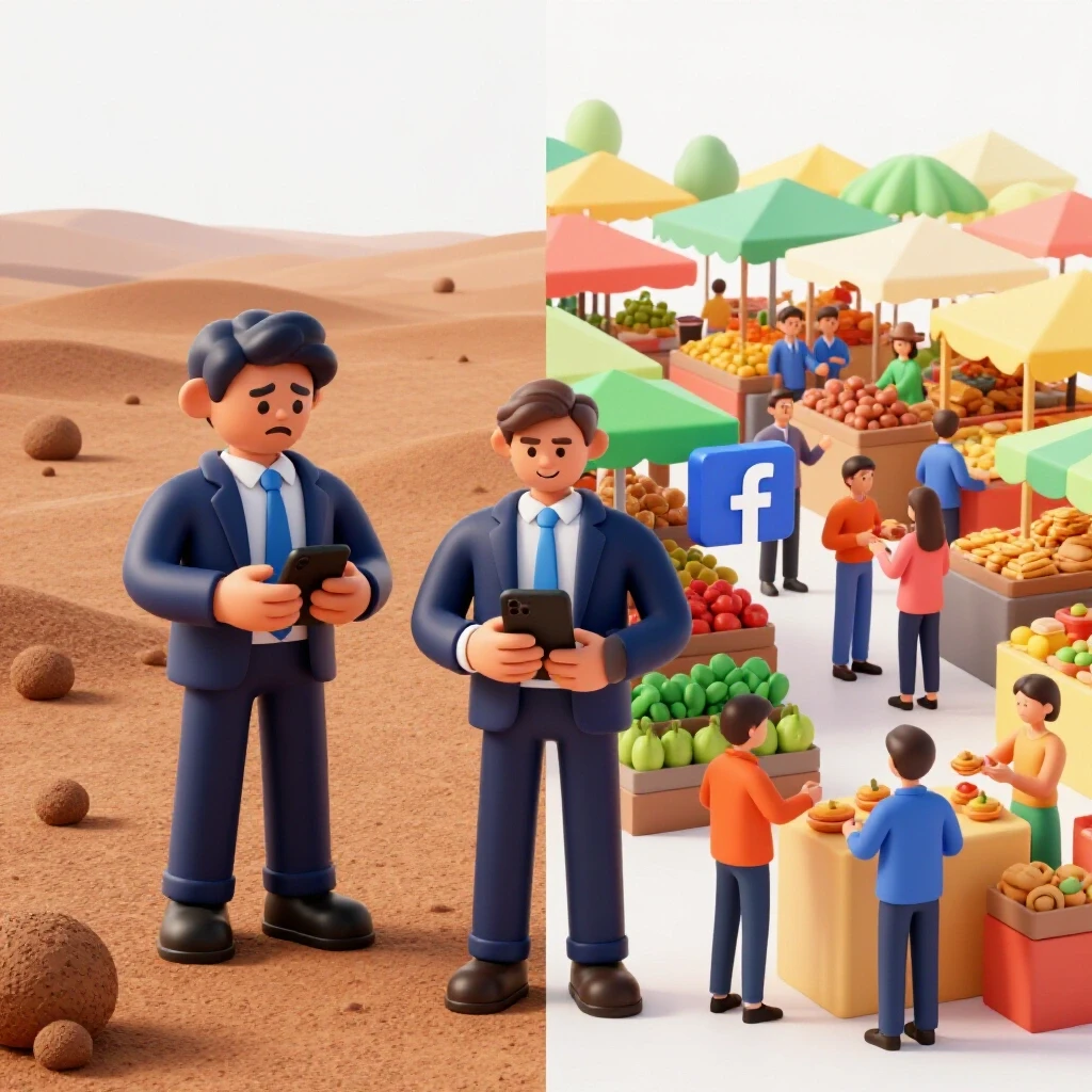 A visually striking split scene illustrating the transformation from zero sales to vibrant market success through Facebook ads.